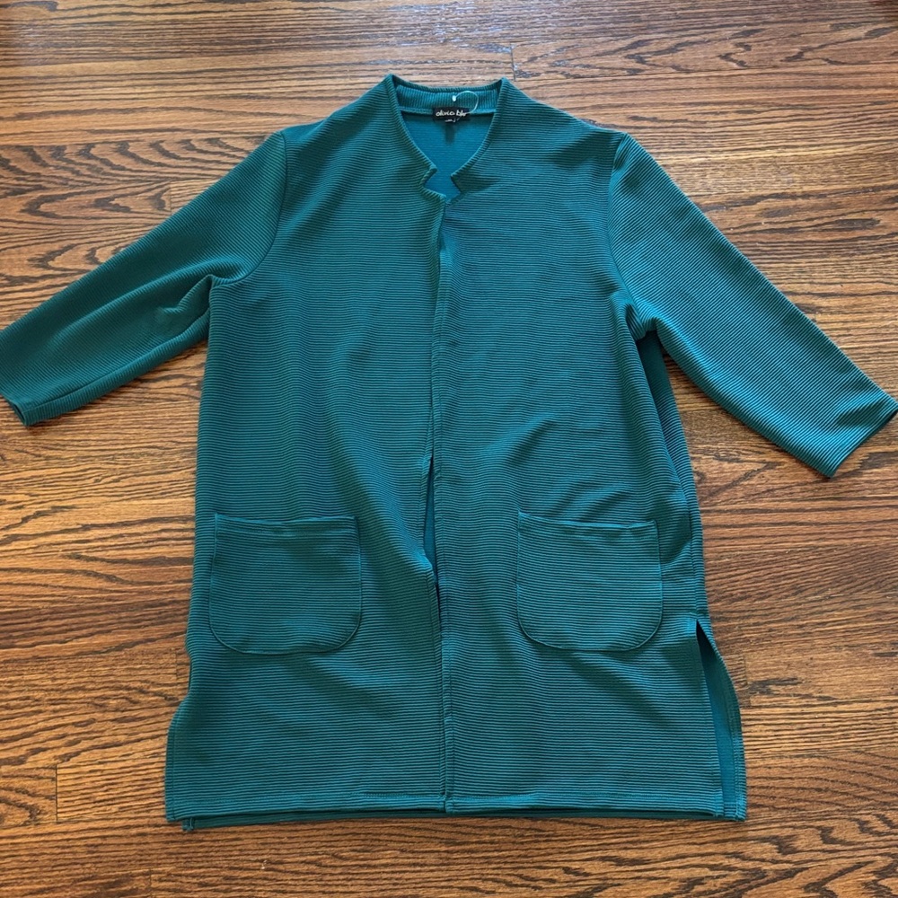 Olivia Blue 3/4 Sleeve Ribbed Teal Cardigan Duster, Size Medium